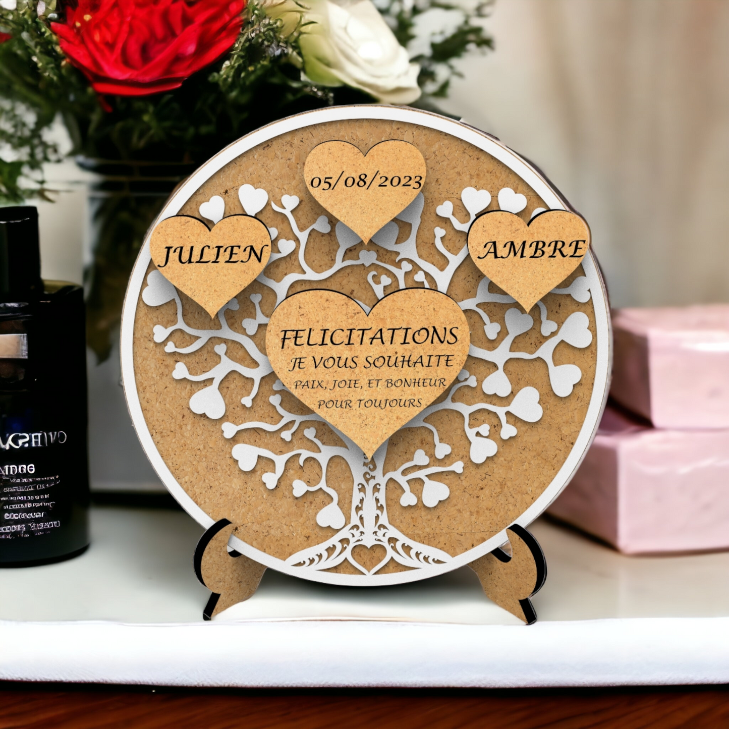 Cadeau Mariage Personnalisé prénom et date, Cadre Arbre de Vie en Forme de Cœurs