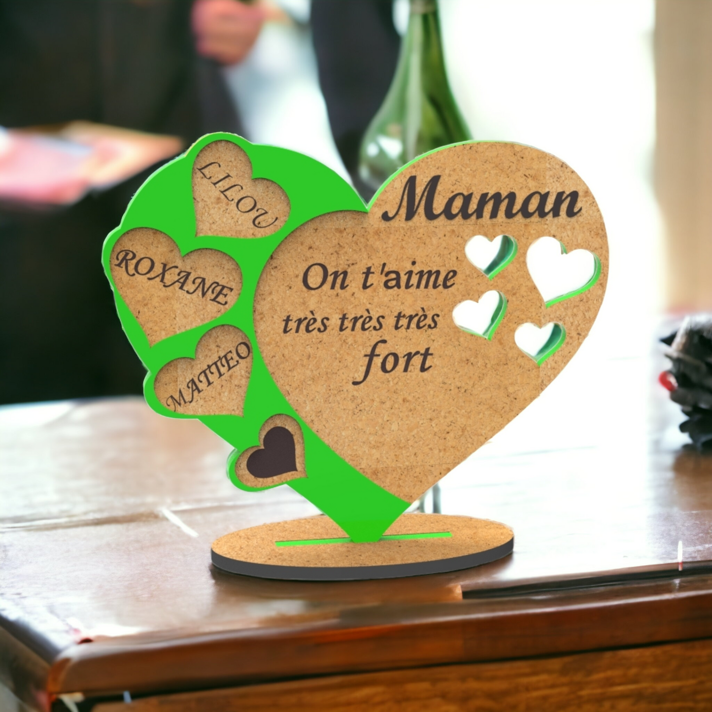 Décoration personnalisée prénoms et citation, cœur en bois, cadeau maman