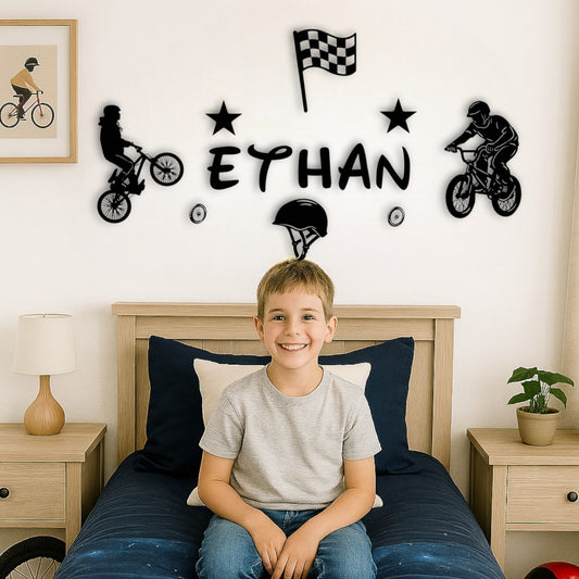 Décoration murale chambre enfant BMX personnalisée avec prénom