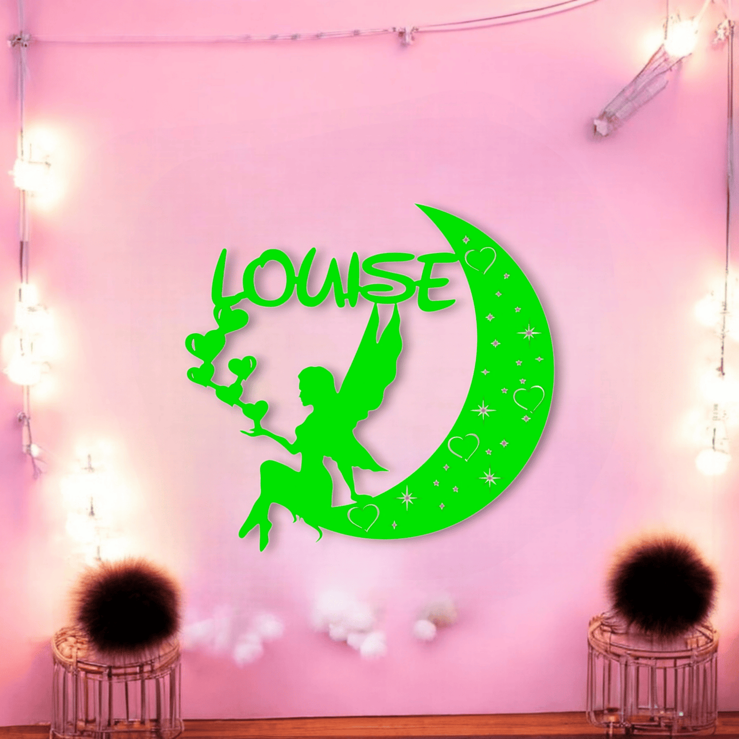 Décoration Murale Personnalisée Fée sur la Lune - Prénom et Lumière Magique