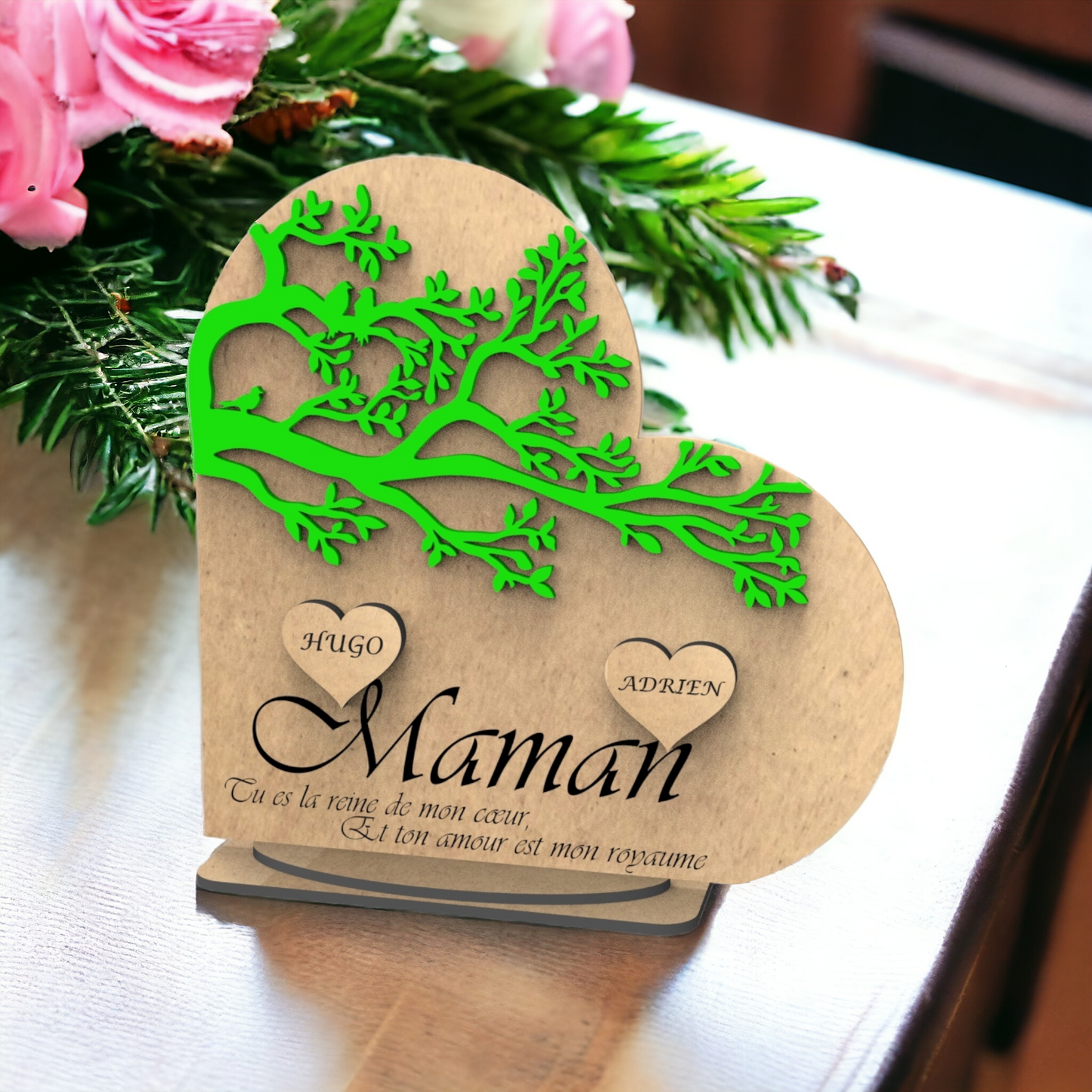 CĆur en Bois et Branche de Feuilles 3D