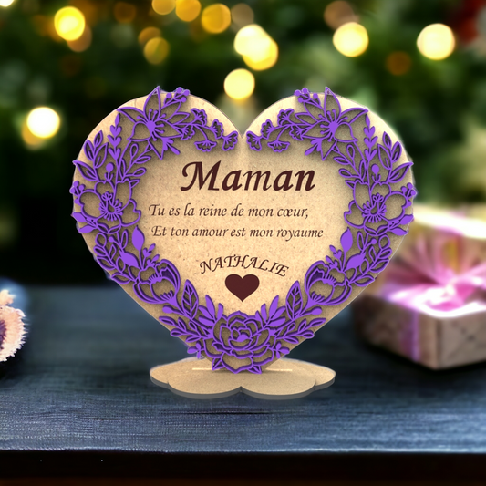 Cœur en Bois et Roses 3D personnalisé pour Maman