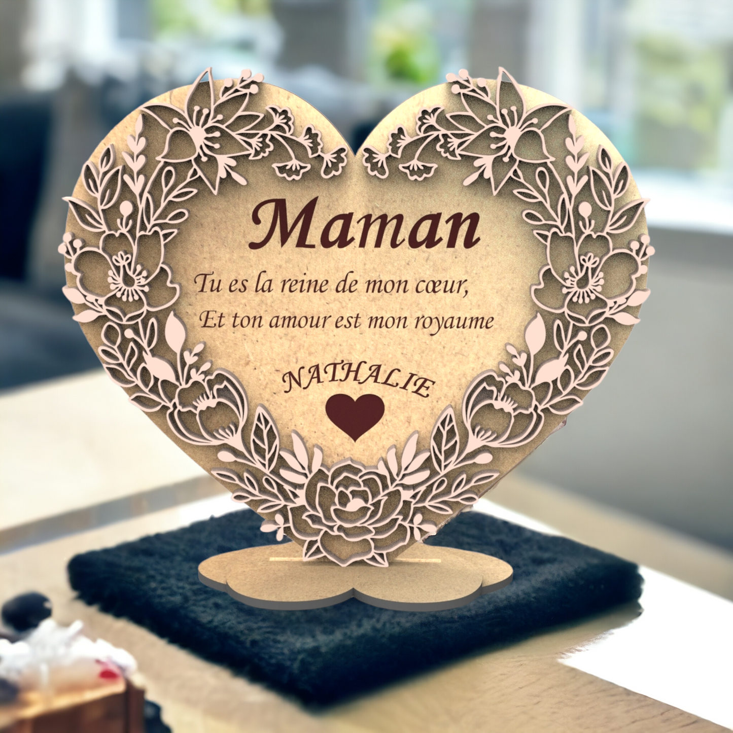 Cœur en Bois et Roses 3D personnalisé pour Maman