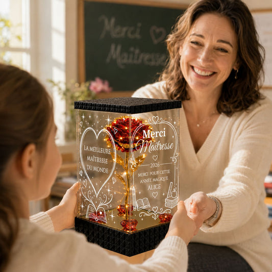 Rose Dorée Lumineuse Merci Maîtresse – Cadeau Personnalisé École