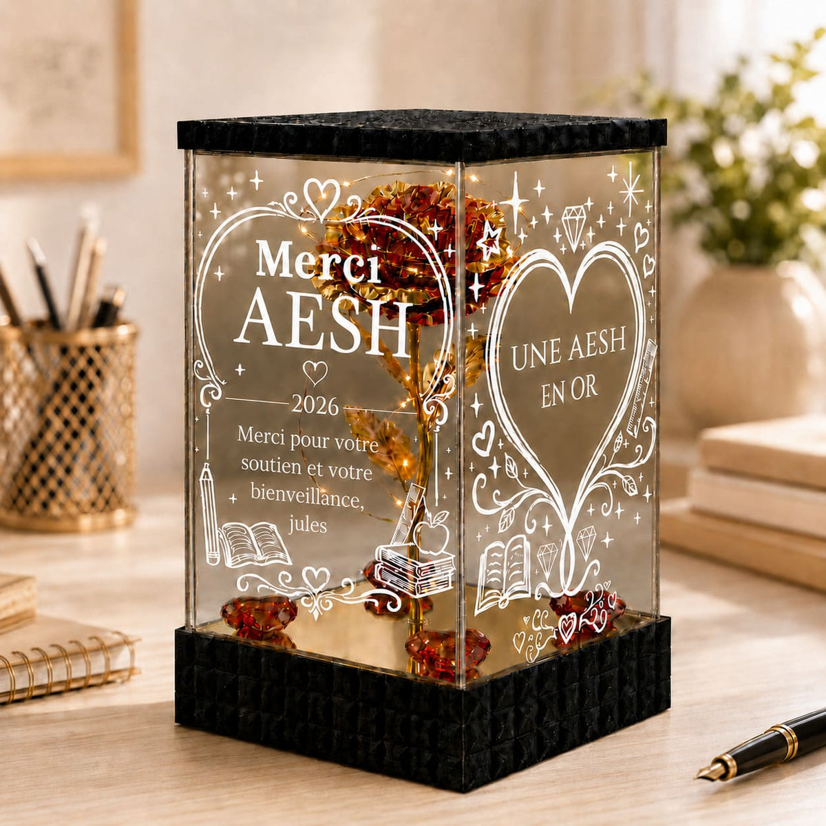 Cadeau AESH Personnalisé - Rose Dorée Lumineuse Merci AESH
