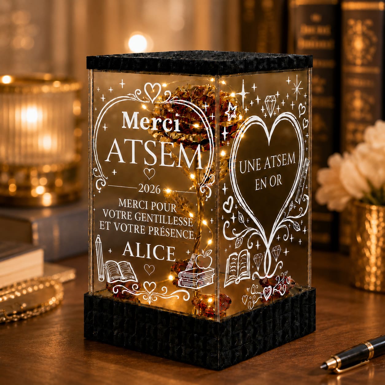 Merci ATSEM Rose Dorée Lumineuse – Cadeau Personnalisé de Fin d’Année Scolaire