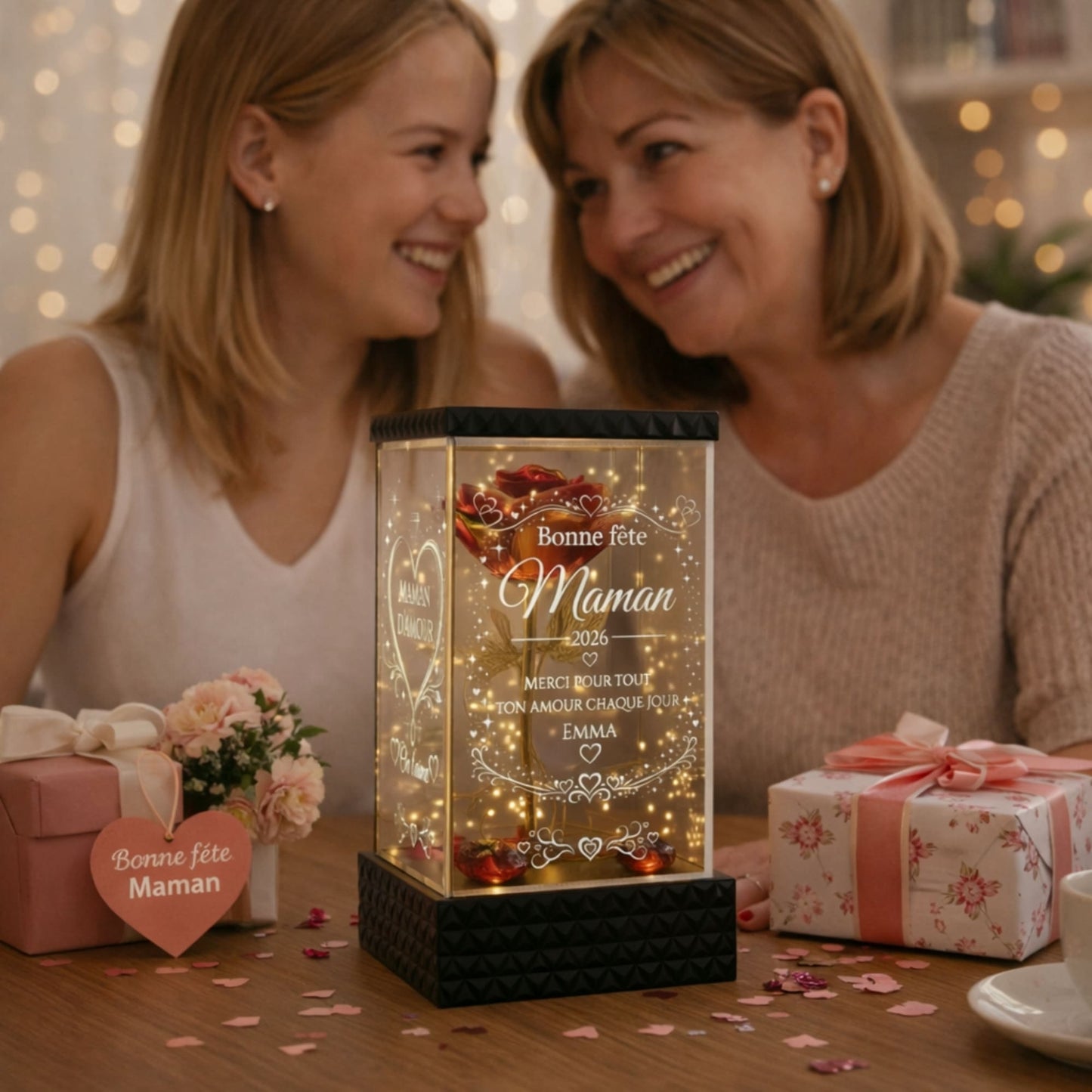 Rose lumineuse Fête des Mères personnalisée sous lanterne 4 faces gravées