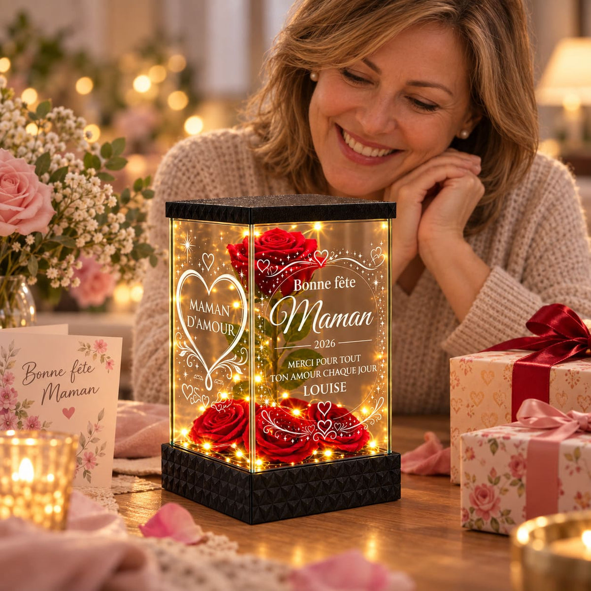 Rose rouge lumineuse personnalisée offerte à une maman comme cadeau de Fête des Mères