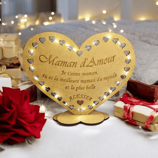 Veilleuse LED en Forme de Cœur en bois pour la Fête des Mères