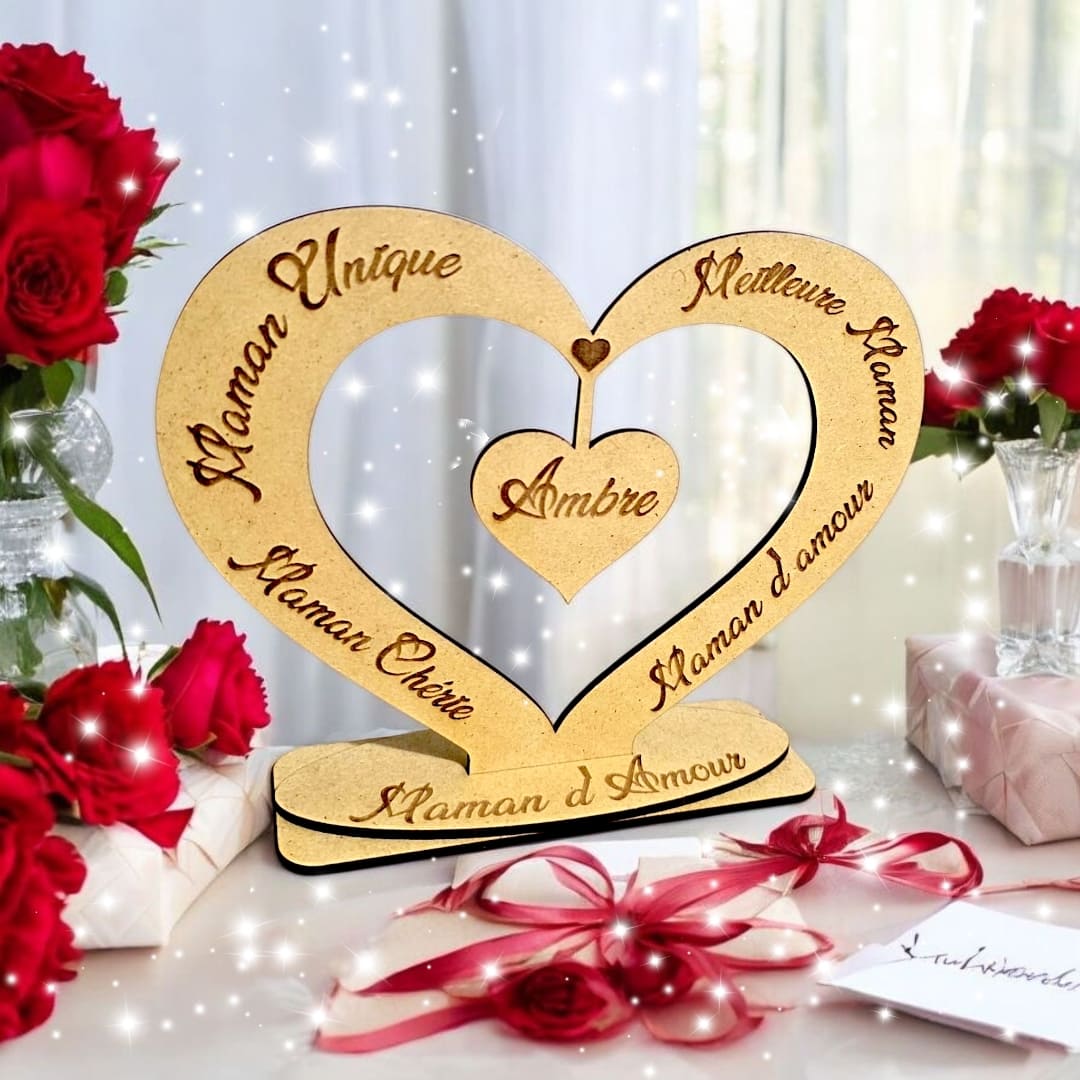 Cœur en Bois MDF Gravé avec Prénom Personnalisé et Mots Doux – Cadeau Fête des Mères