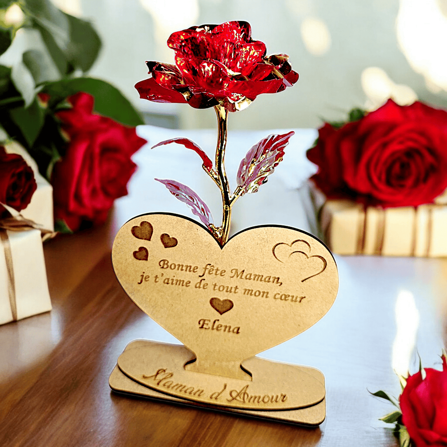 Décoration Cœur et Rose éternelle personnalisé pour Maman