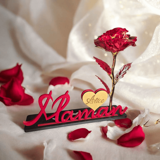 Maman en 3D avec Rose Éternelle et Cœur Personnalisé