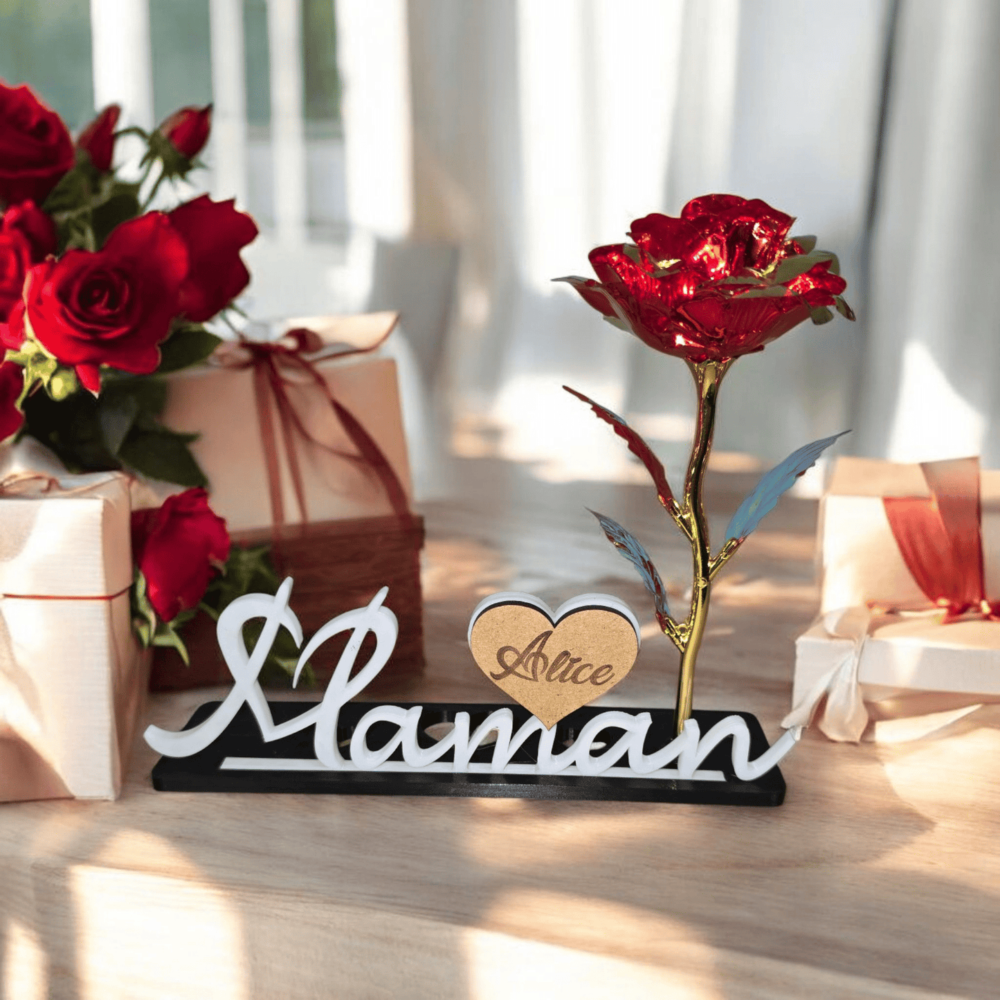 Maman en 3D avec Rose Éternelle et Cœur Personnalisé