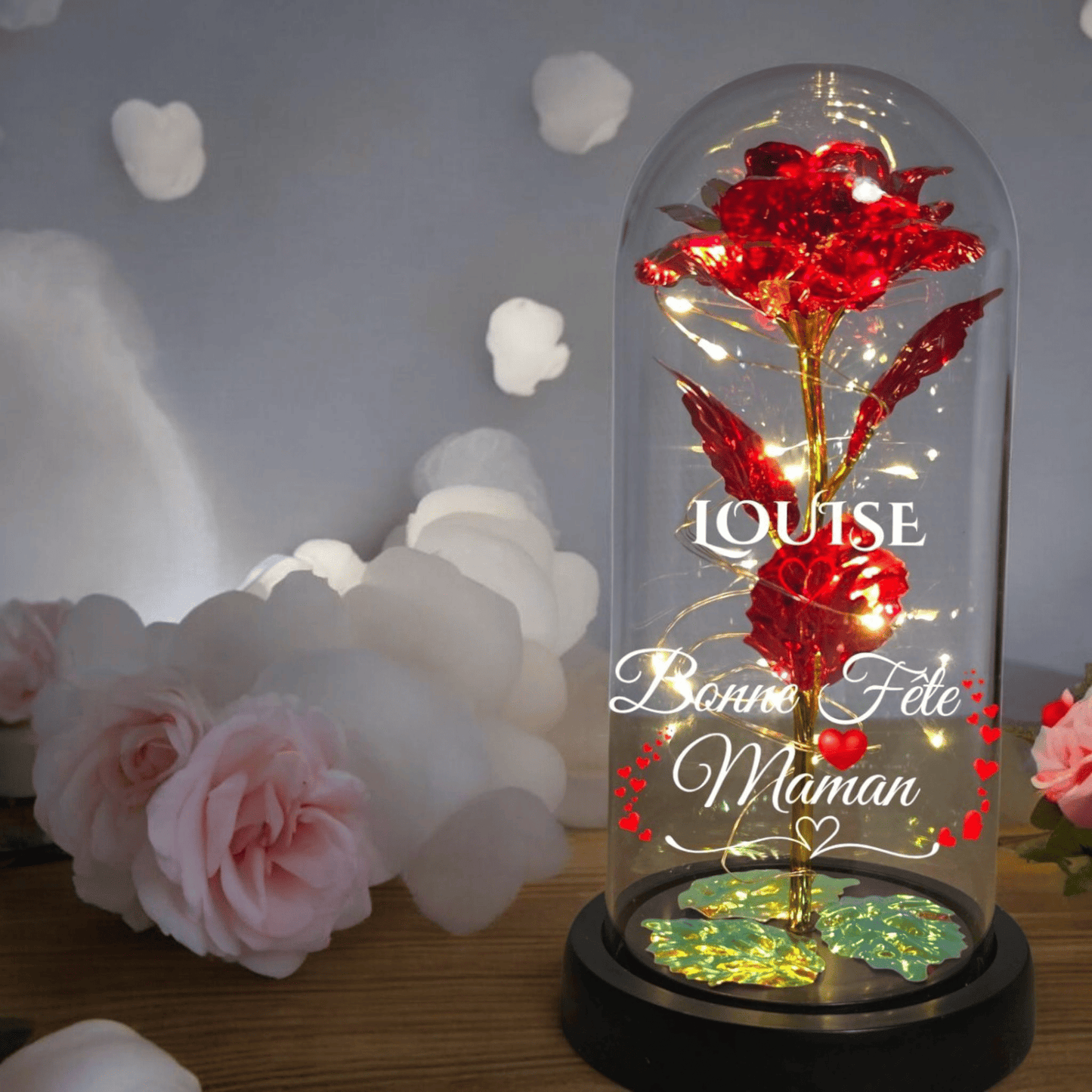 Rose Éternelle Lumineuse sous Cloche – Cadeau Personnalisé pour la Fête des Mères