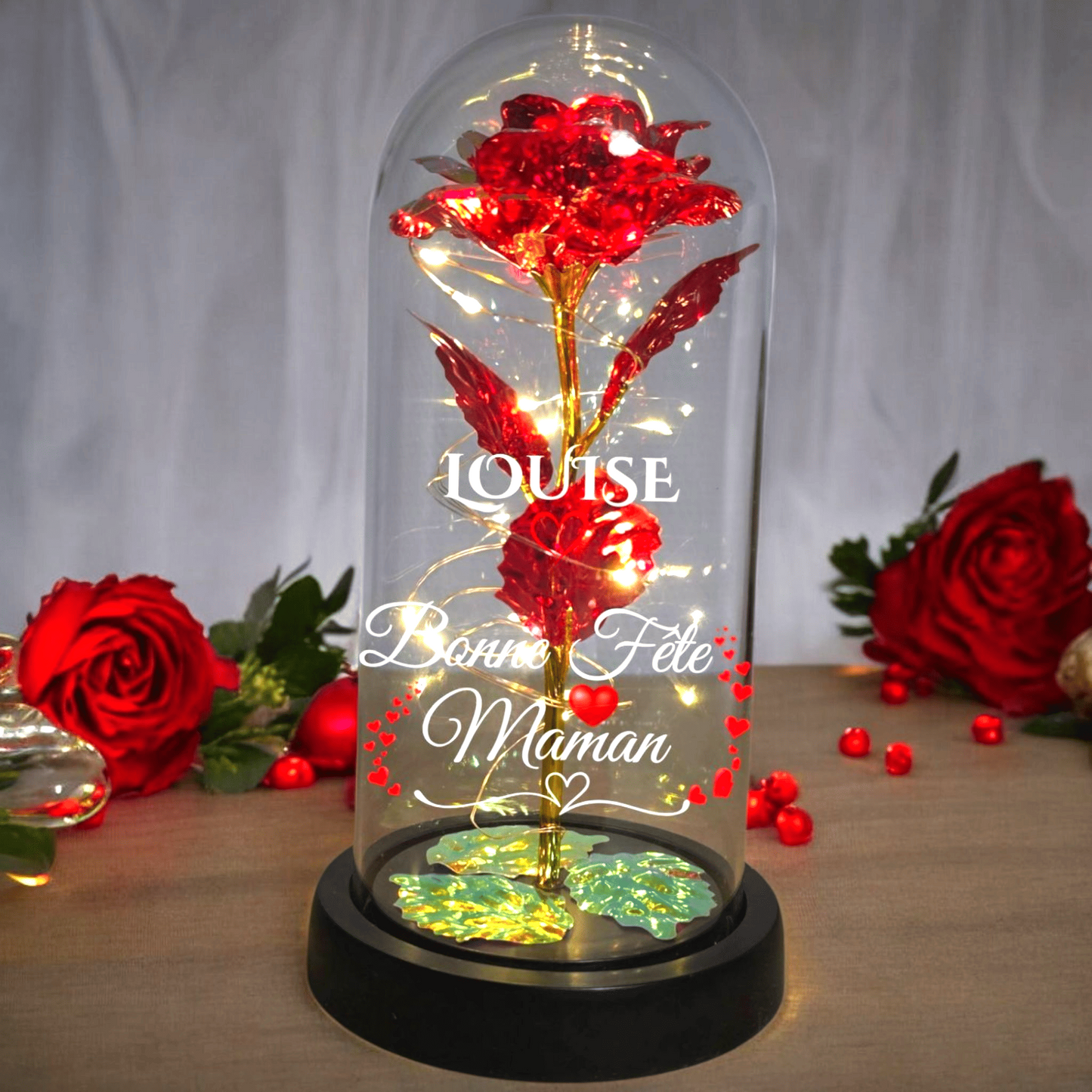 Rose Éternelle Lumineuse sous Cloche – Cadeau Personnalisé pour la Fête des Mères