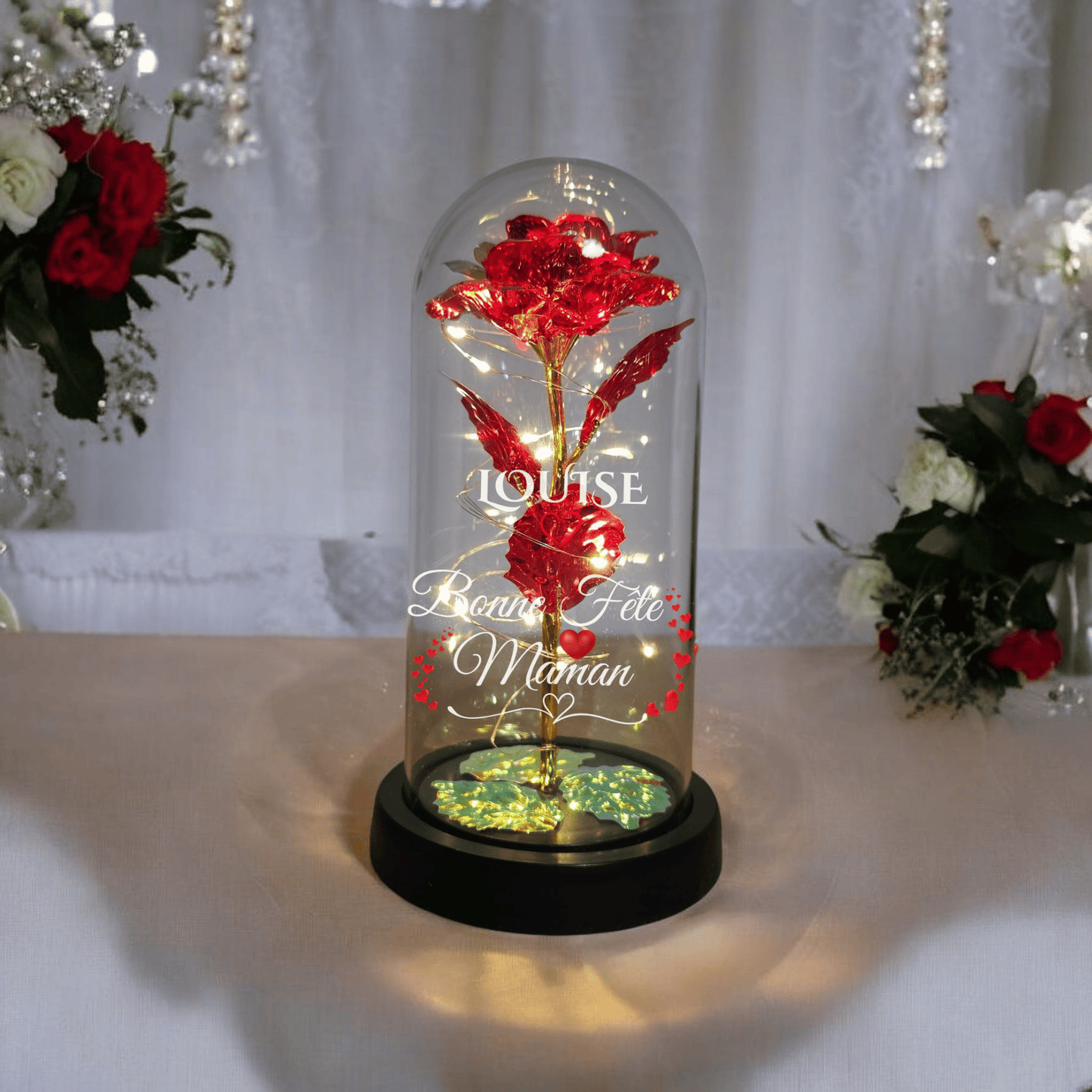 Rose Éternelle Lumineuse sous Cloche – Cadeau Personnalisé pour la Fête des Mères