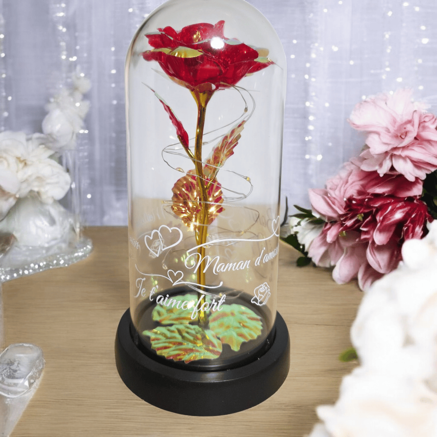 Rose Éternelle Lumineuse sous Cloche – Cadeau Personnalisé pour la Fête des Mères