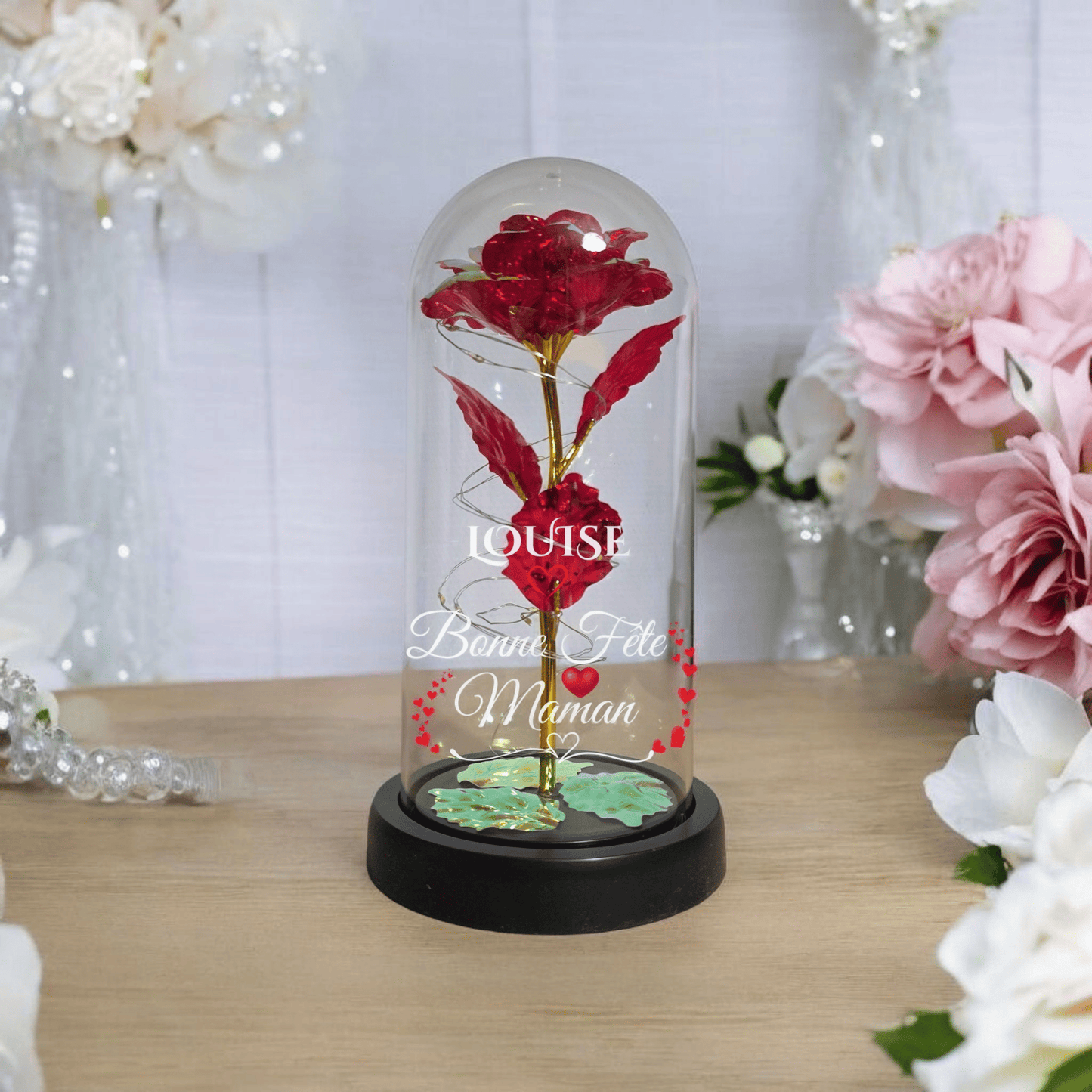 Rose Éternelle Lumineuse sous Cloche – Cadeau Personnalisé pour la Fête des Mères