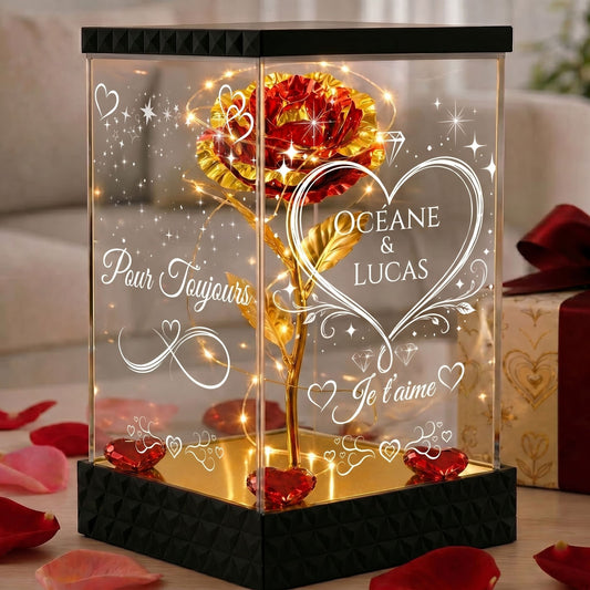 Rose Éternelle Lumineuse Personnalisée sous Lanterne – 4 Faces Gravées – Cadeau Couple & Saint-Valentin (Rouge doré)