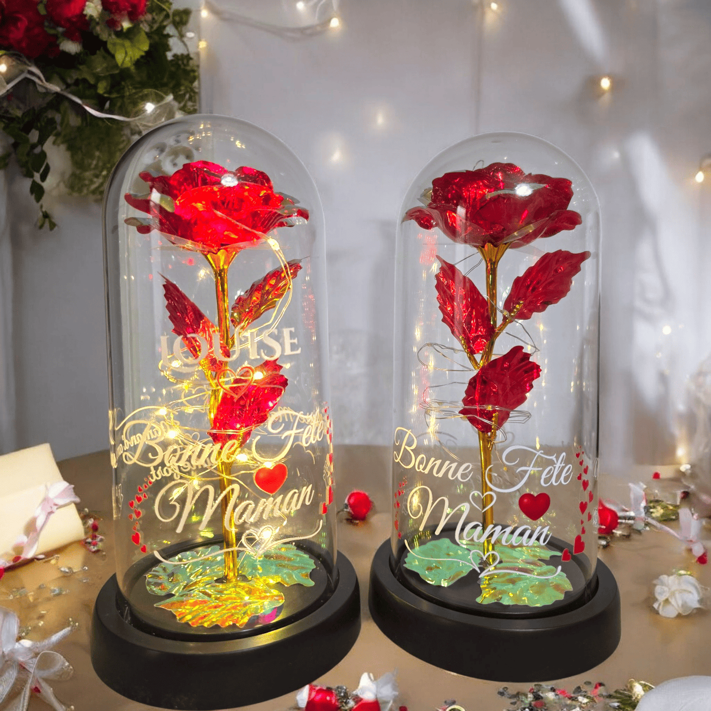 Rose Éternelle Lumineuse sous Cloche – Cadeau Personnalisé pour la Fête des Mères
