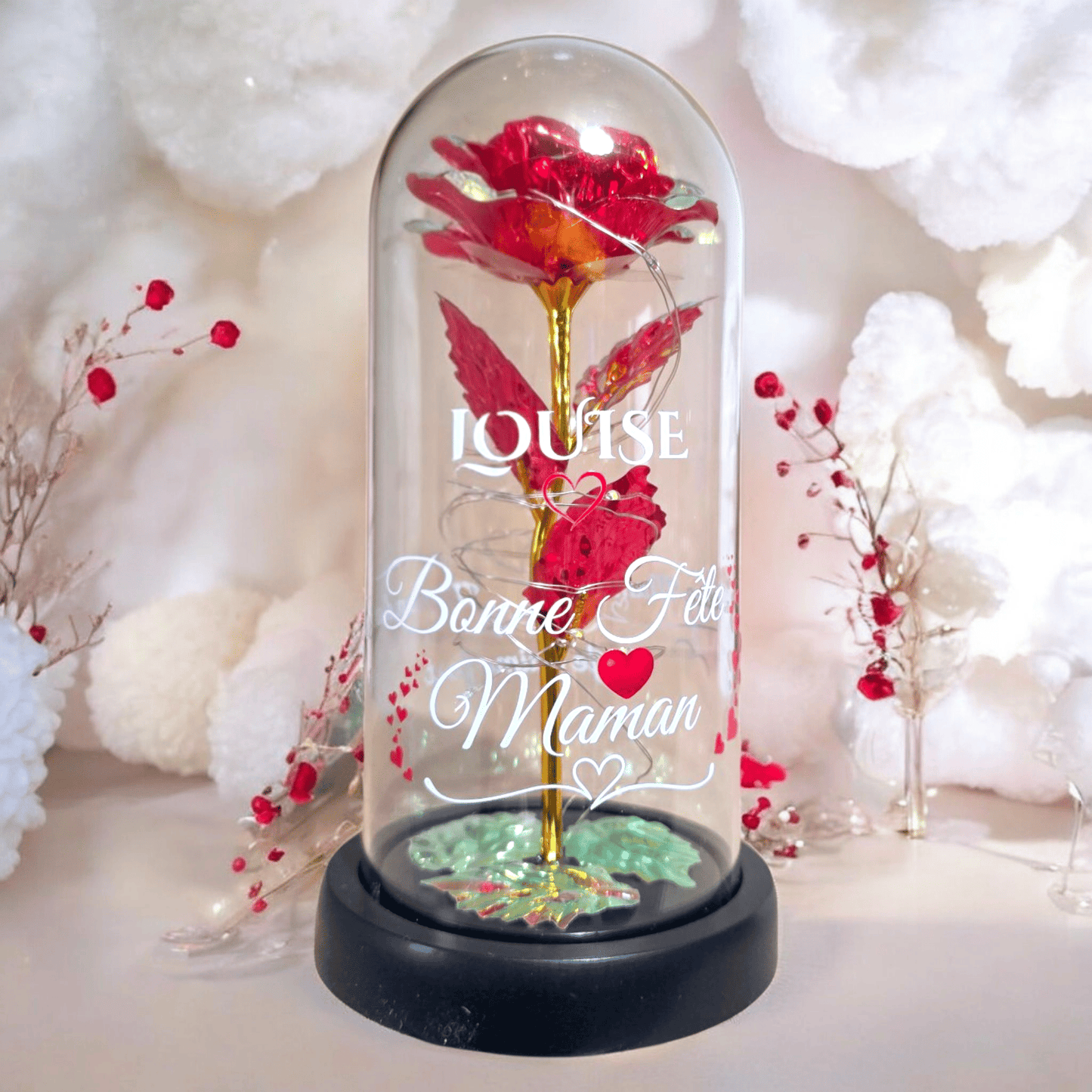 Rose Éternelle Lumineuse sous Cloche – Cadeau Personnalisé pour la Fête des Mères