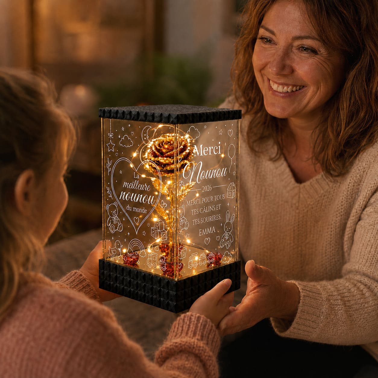 Merci Nounou – Rose Dorée Lumineuse Personnalisée