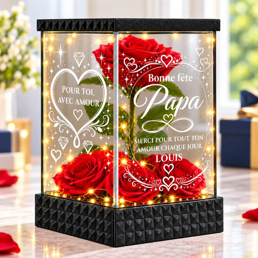 Lanterne rose rouge lumineuse Bonne fête Papa avec prénom Louis et vitres gravées