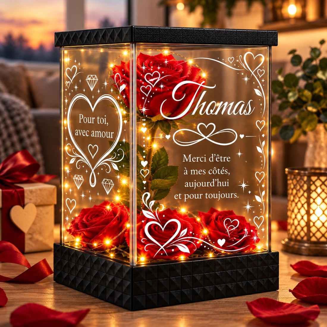 Rose rouge lumineuse personnalisée Thomas, idée cadeau pour un homme ou mari