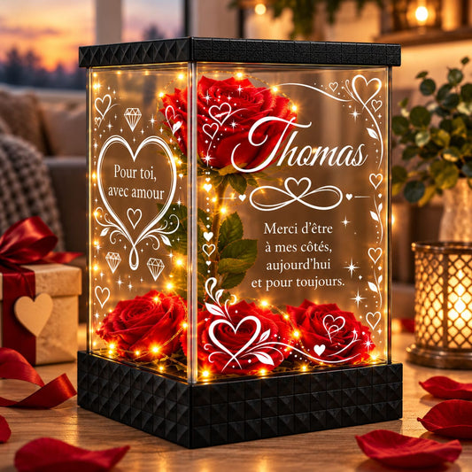Rose rouge lumineuse personnalisée Thomas, idée cadeau pour un homme ou mari