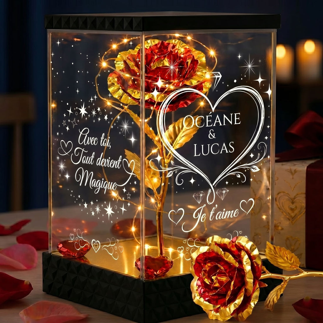 Rose dorée lumineuse personnalisée pour couple