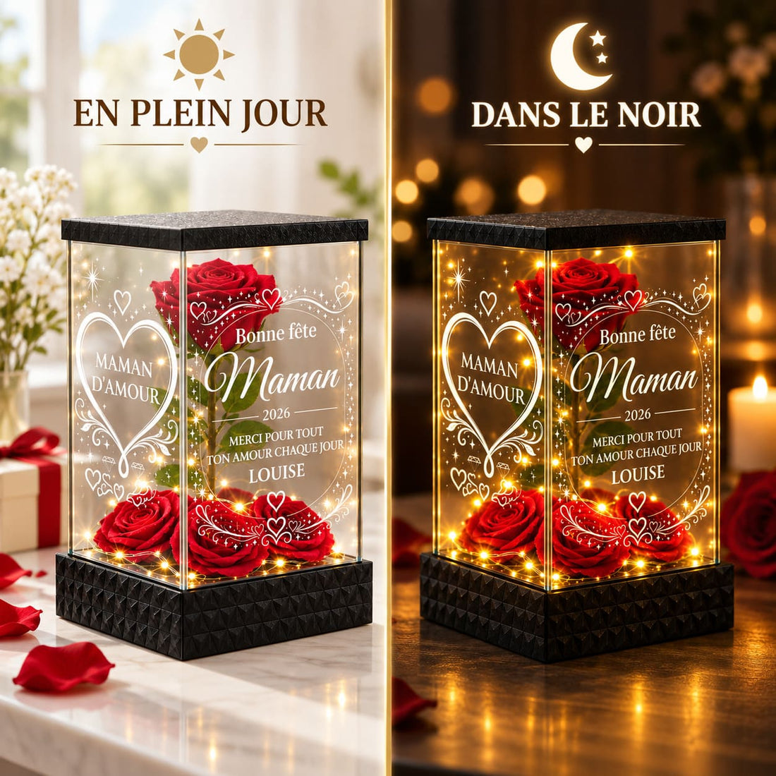 Rose lumineuse personnalisée de jour et de nuit