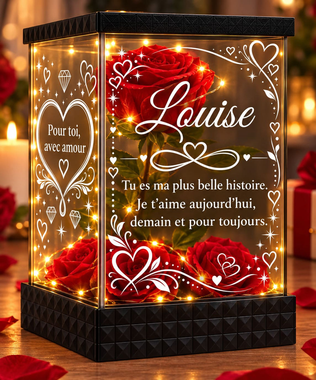 Rose rouge artificielle lumineuse avec prénom et message dans une lanterne carrée transparente
