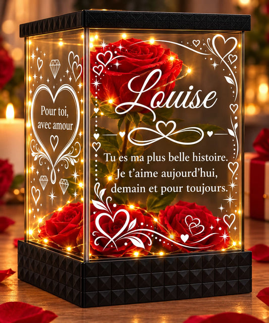 Rose rouge artificielle lumineuse avec prénom et message dans une lanterne carrée transparente