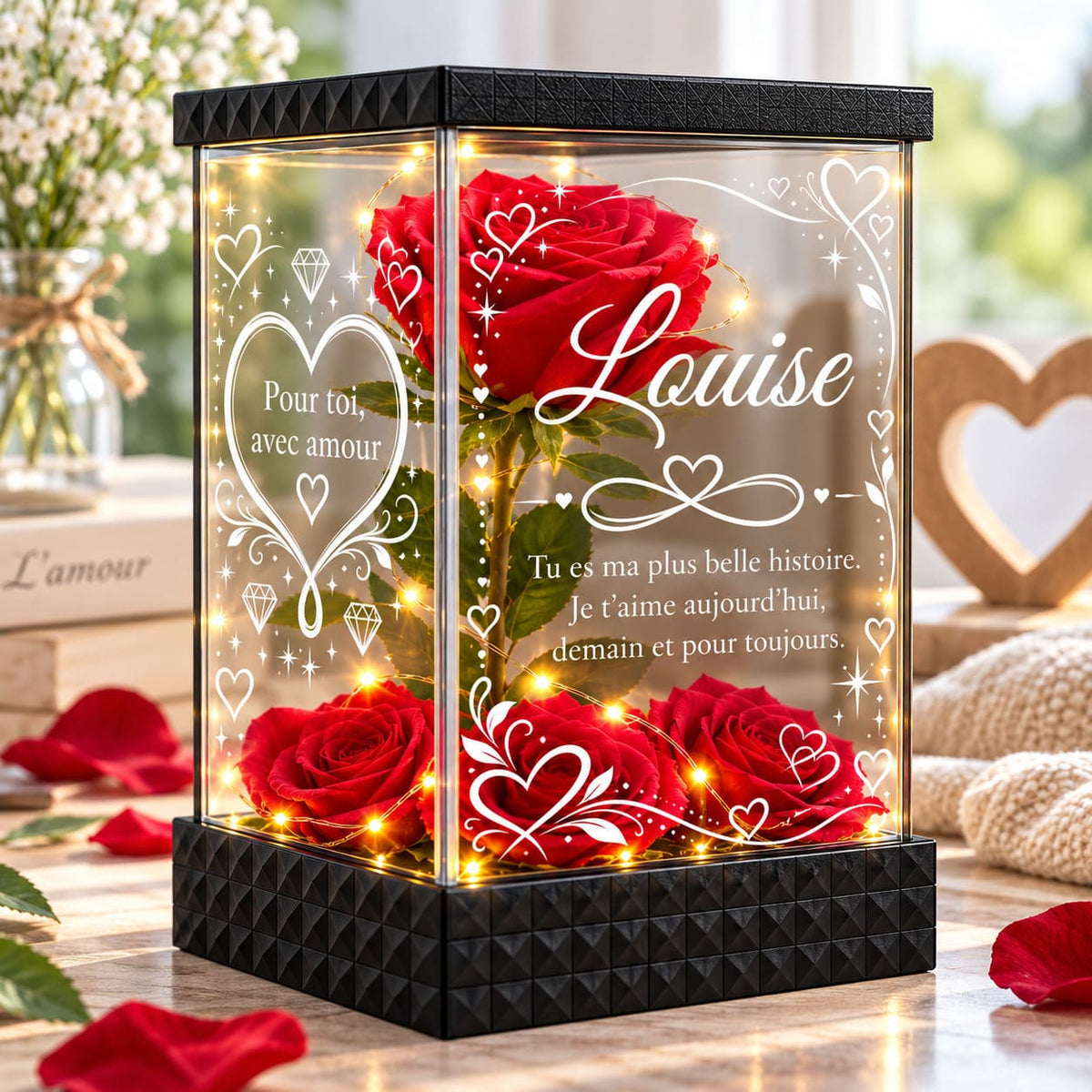 Rose rouge personnalisée Louise sous lanterne transparente, décoration romantique sur une table en lumière naturelle