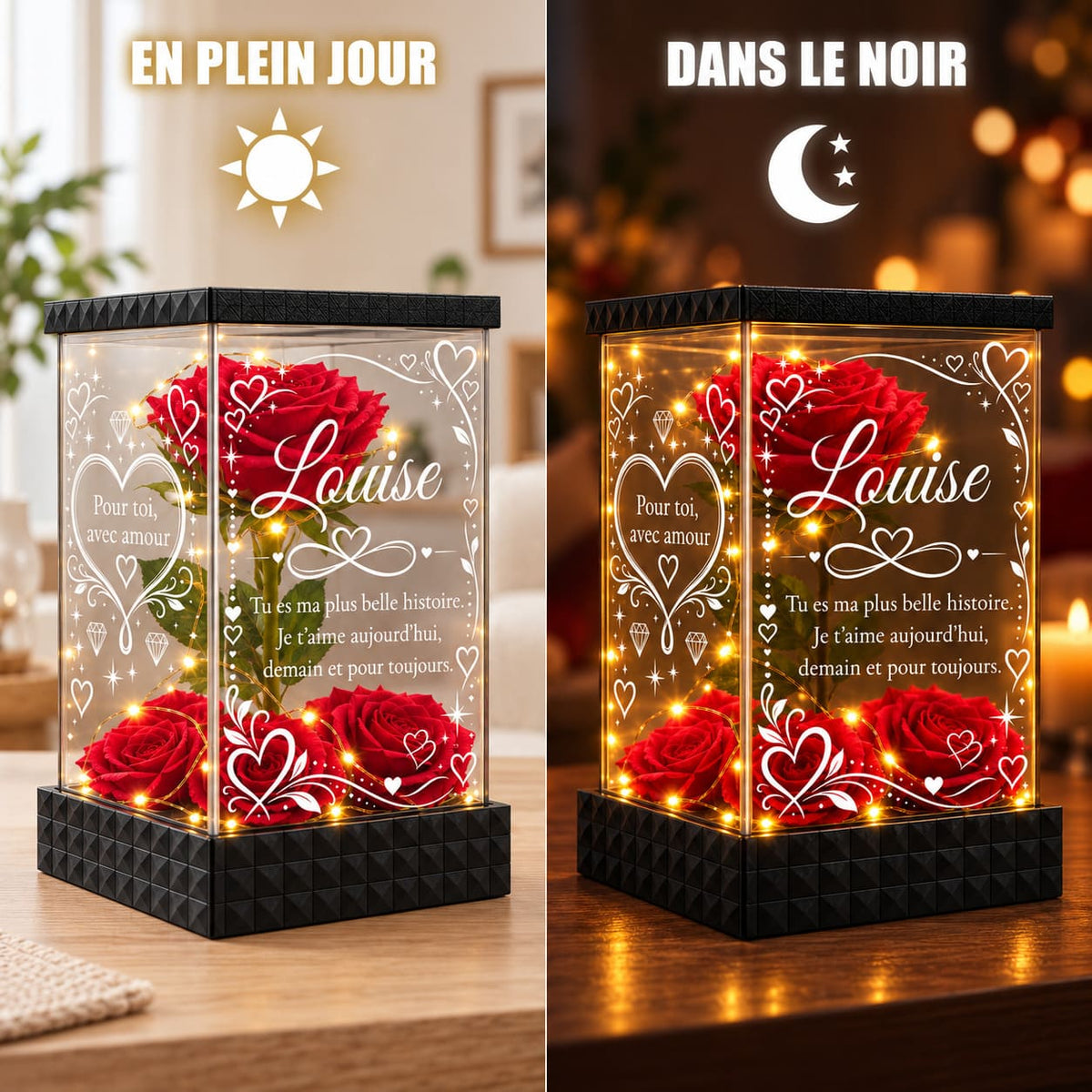 Rose rouge personnalisée Louise comparée en plein jour et dans le noir avec sa guirlande lumineuse