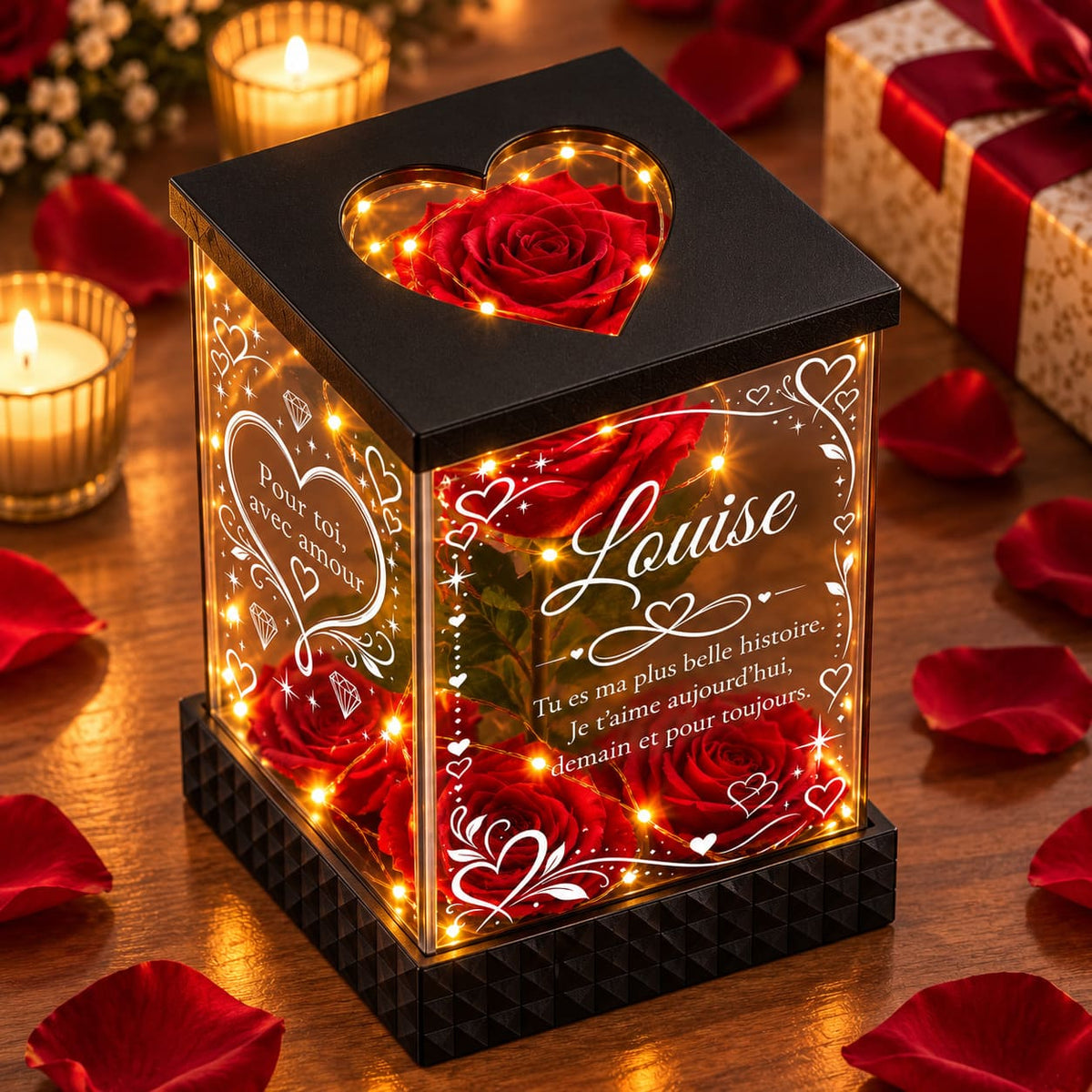 Vue du dessus d’une rose rouge sous lanterne personnalisée Louise avec ouverture en forme de cœur sur le couvercle