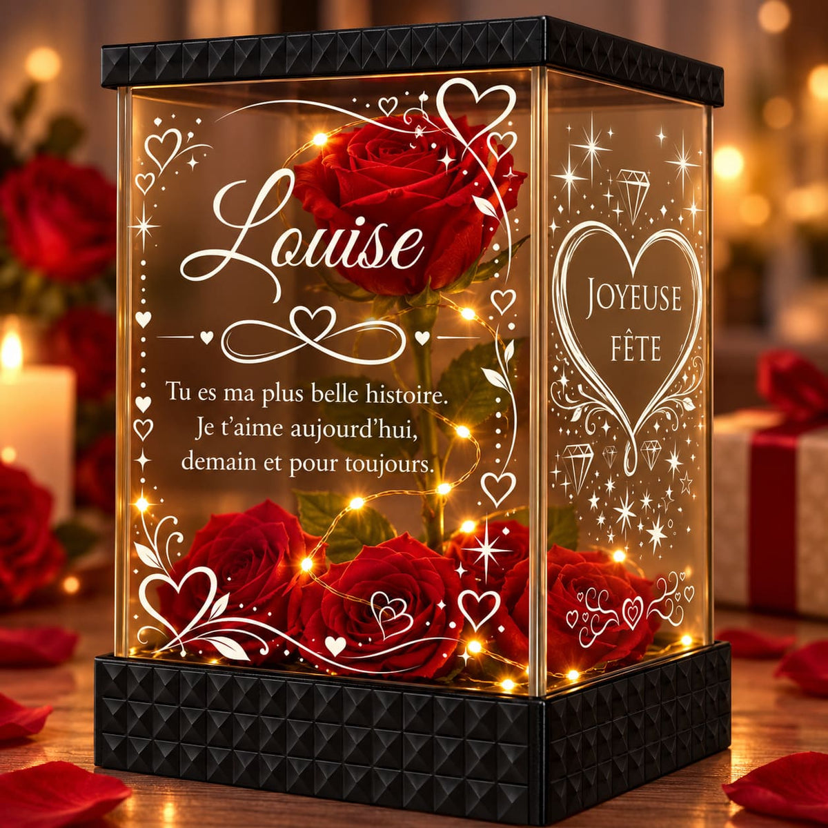 Lanterne lumineuse à rose rouge avec prénom Louise et décoration Joyeuse fête sur la vitre latérale