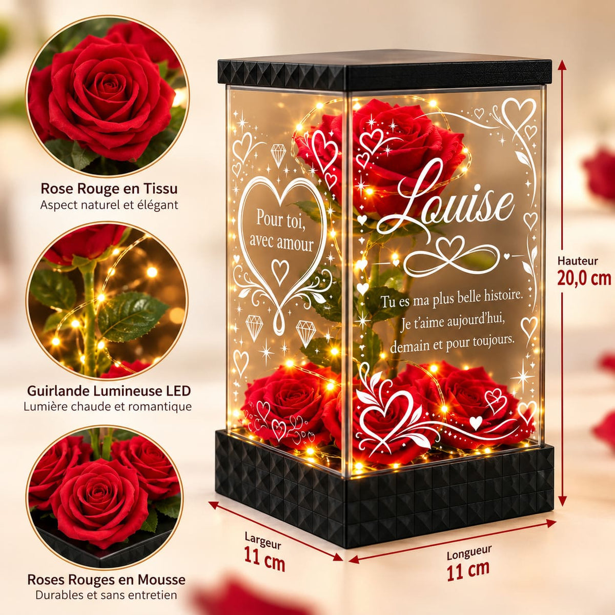 Dimensions de la lanterne rose rouge personnalisée : hauteur 20 cm, largeur et longueur 11 cm, détails des roses et LED