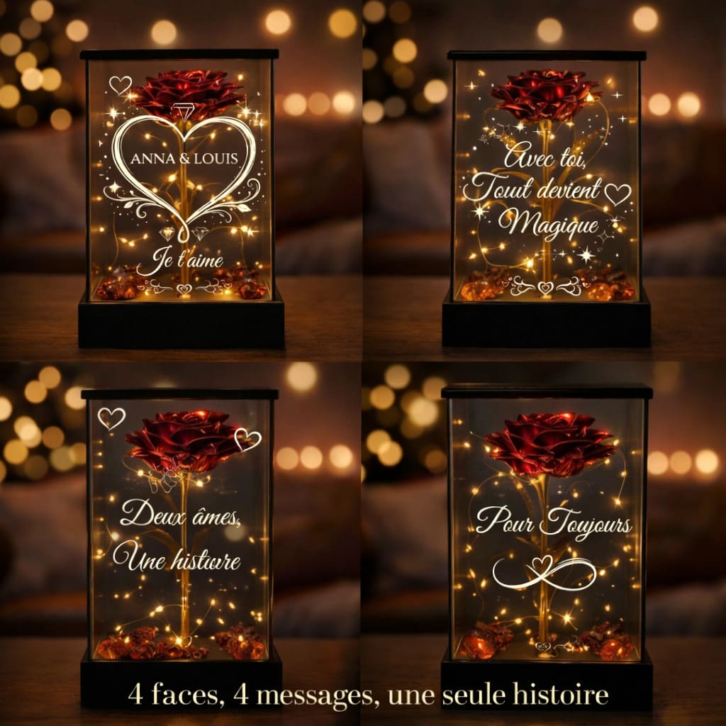 Rose Éternelle Lumineuse Personnalisée sous Lanterne – 4 Faces Gravées – Cadeau Couple & Saint-Valentin (Rouge doré)