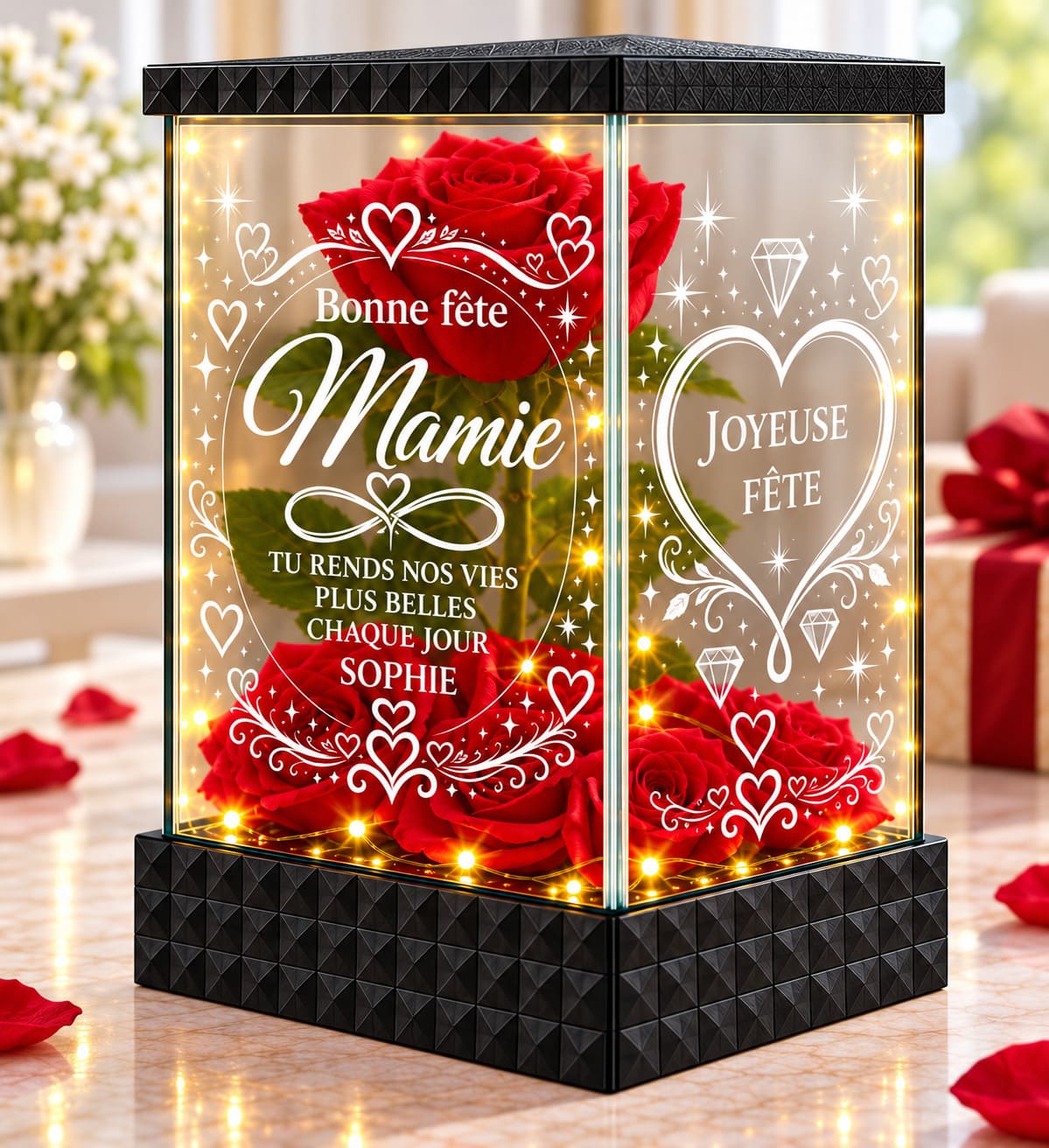 Coffret lumineux rose rouge pour Mamie avec 4 faces décorées