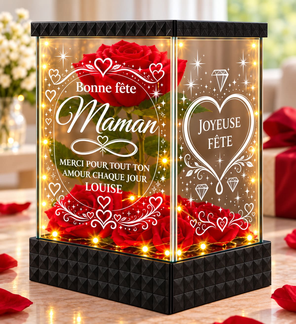 Rose Rouge Lumineuse Personnalisée Maman – Cadeau Fête des Mères