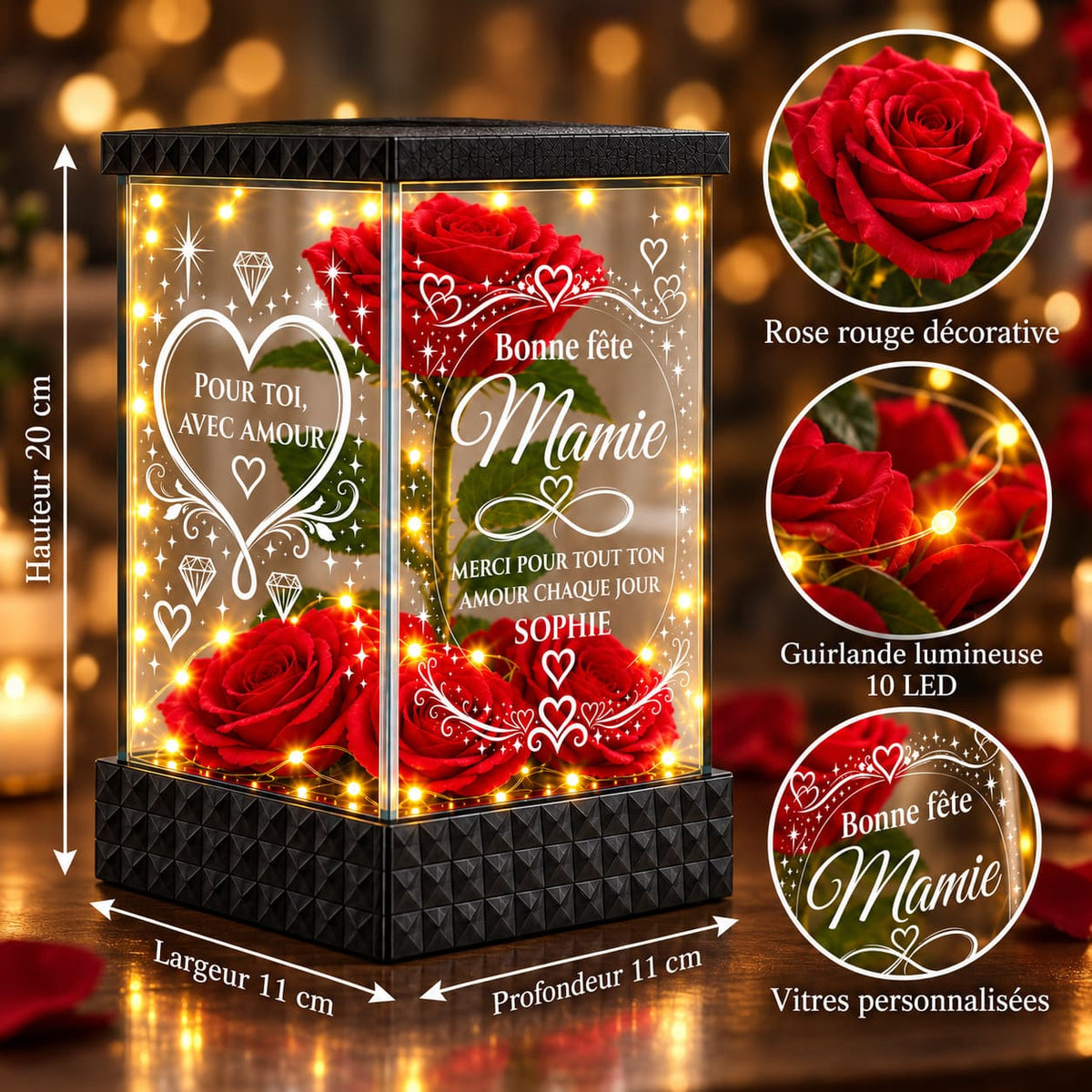 Rose lumineuse Bonne fête Mamie avec prénom personnalisé