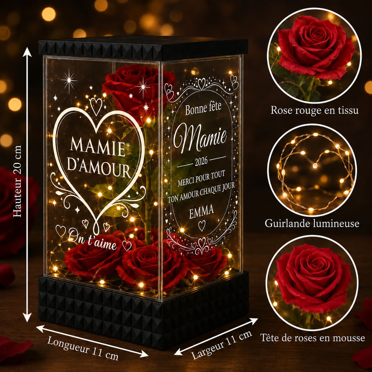 Rose Éternelle "Mamie d'Amour" personnalisée Cadeau Fête des Grands-Mères pour Mamie