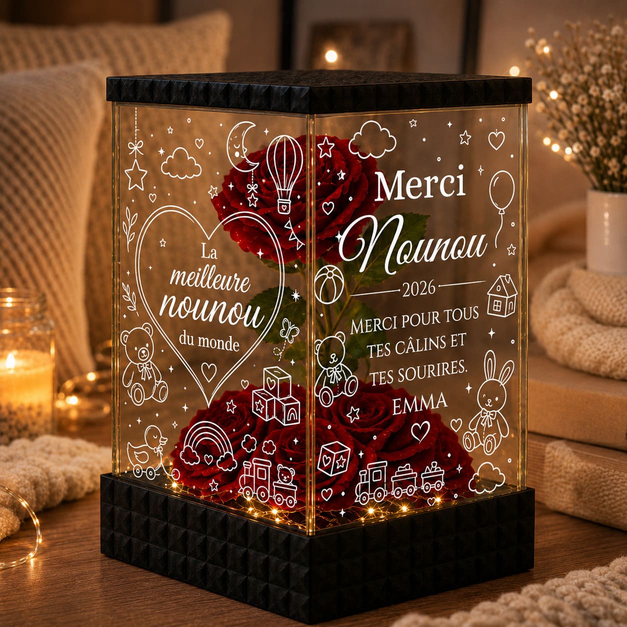Cadeau Nounou Personnalisé – Rose Rouge Lumineuse Merci Nounou
