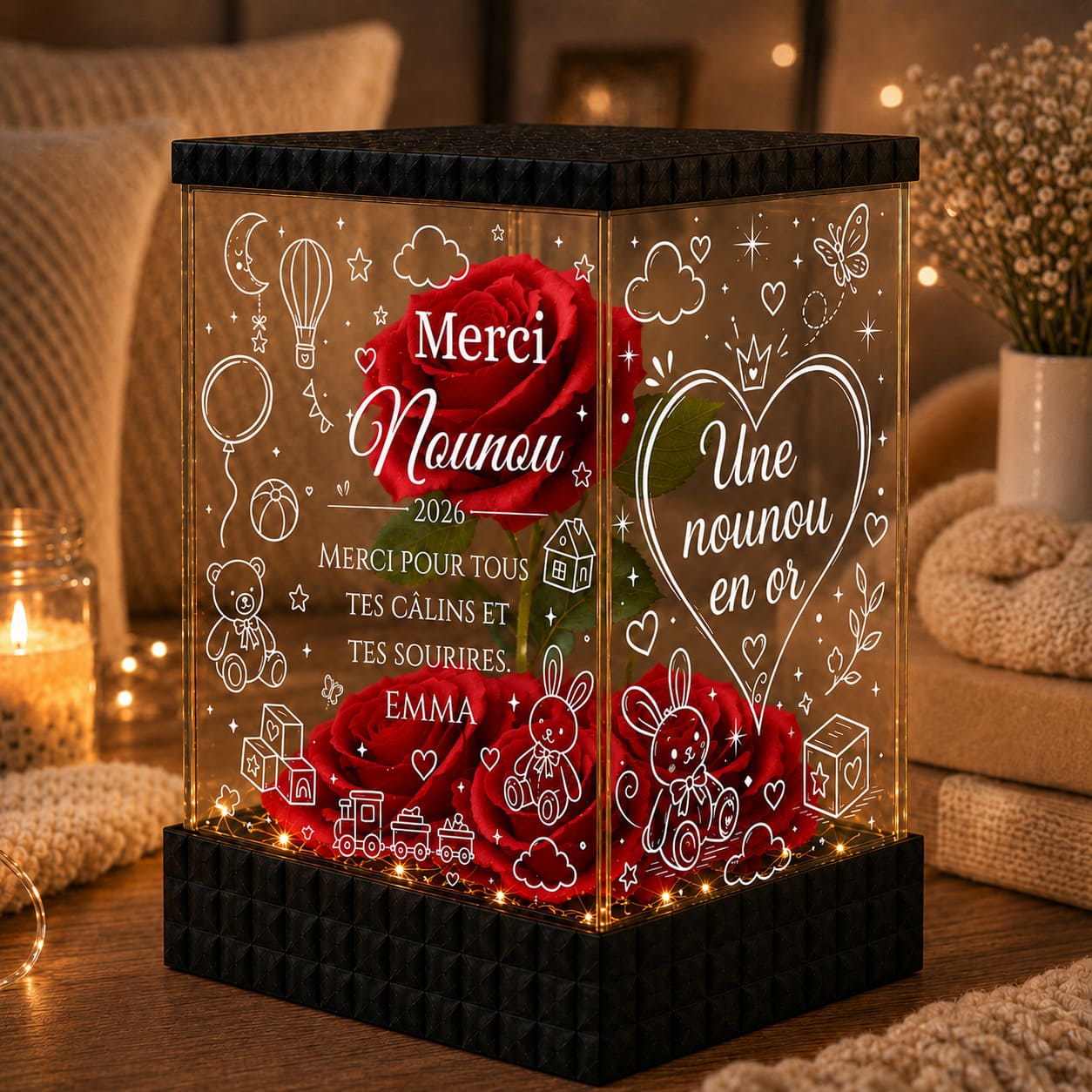 Cadeau Nounou Personnalisé – Rose Rouge Lumineuse Merci Nounou