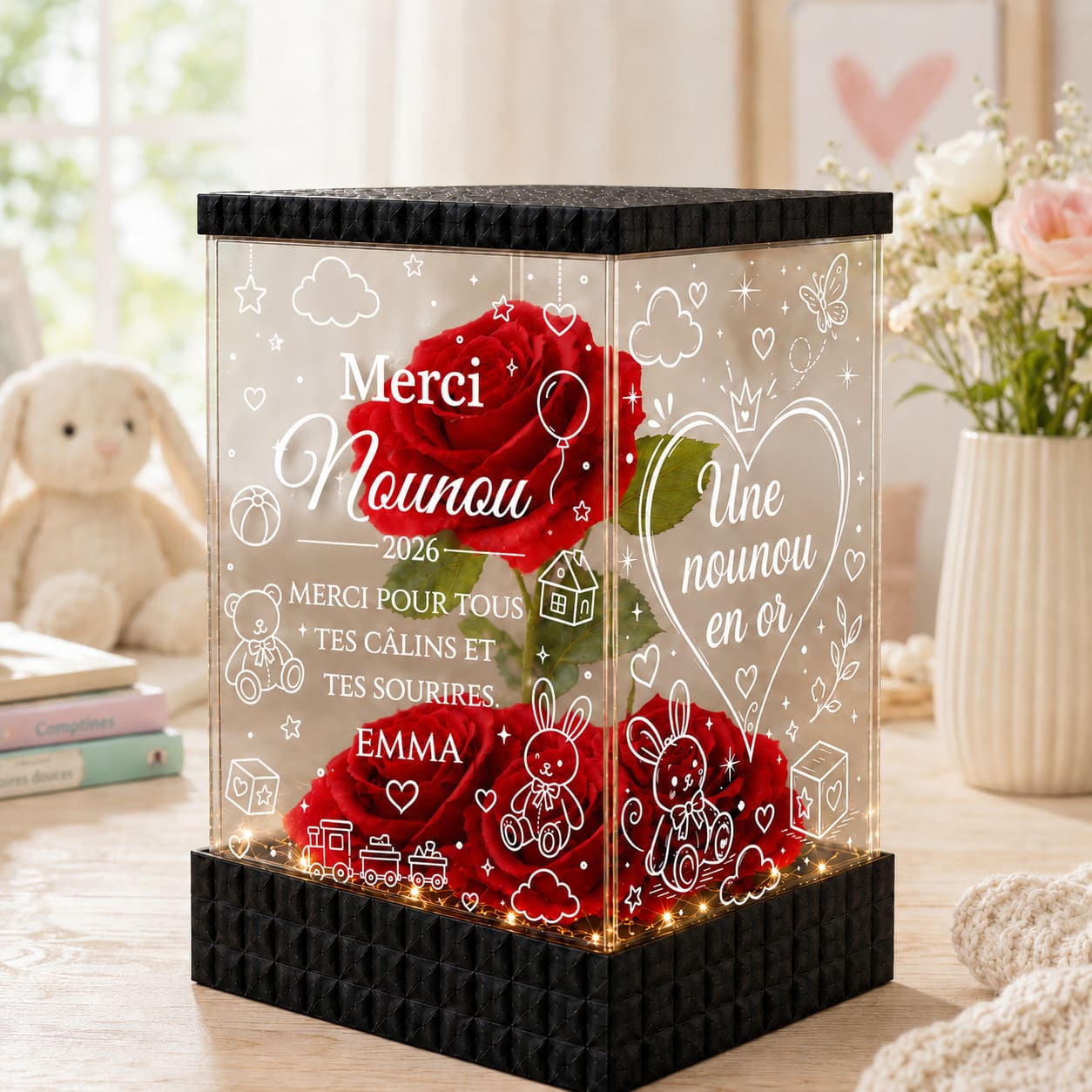 Cadeau Nounou Personnalisé – Rose Rouge Lumineuse Merci Nounou
