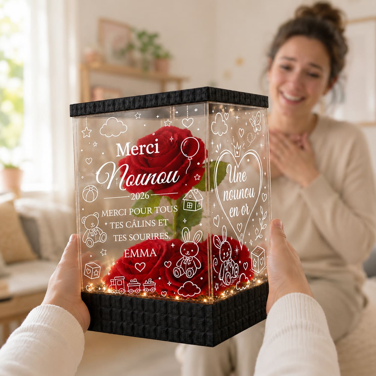 Cadeau Nounou Personnalisé – Rose Rouge Lumineuse Merci Nounou