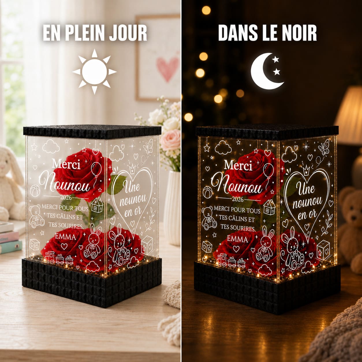 Cadeau Nounou Personnalisé – Rose Rouge Lumineuse Merci Nounou