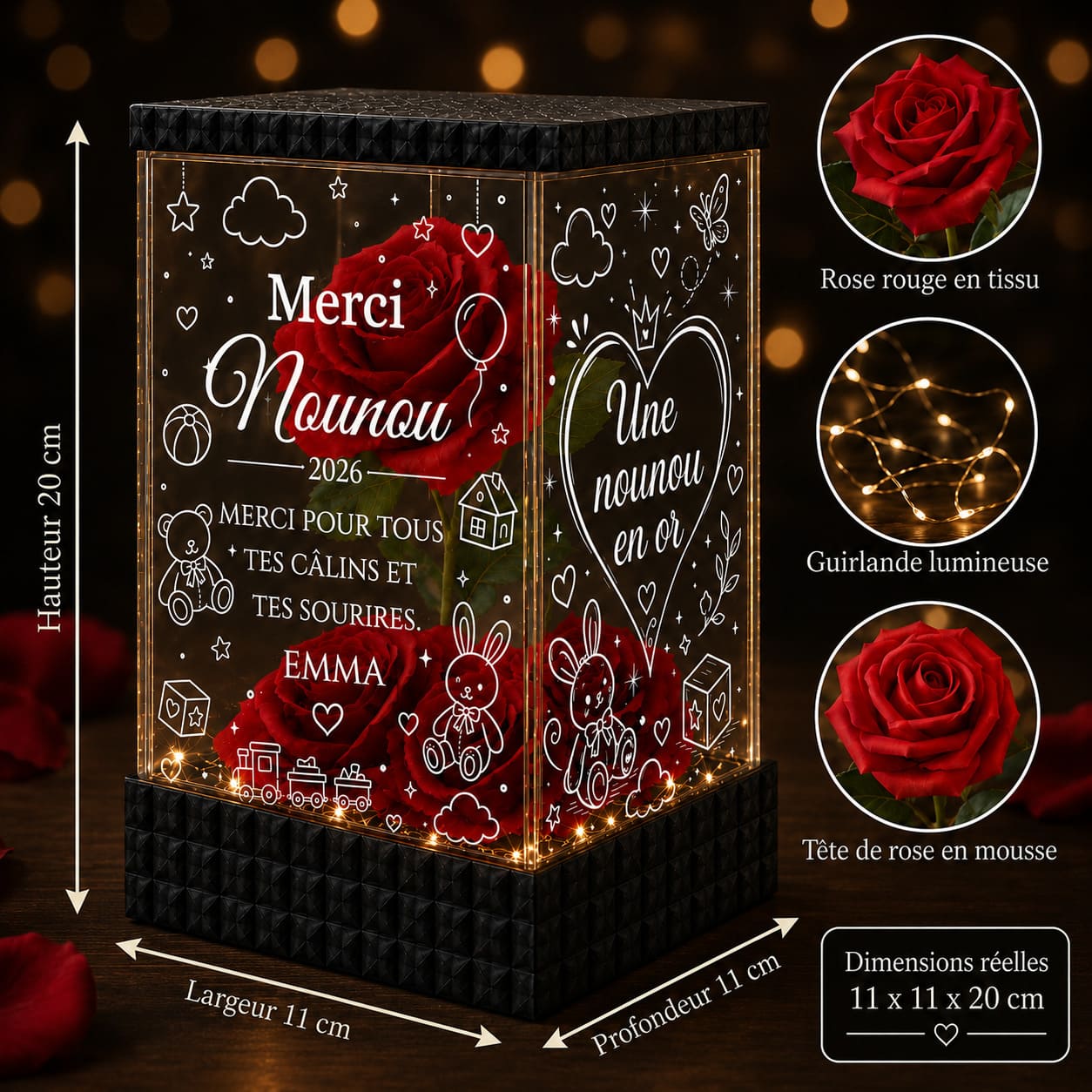 Cadeau Nounou Personnalisé – Rose Rouge Lumineuse Merci Nounou