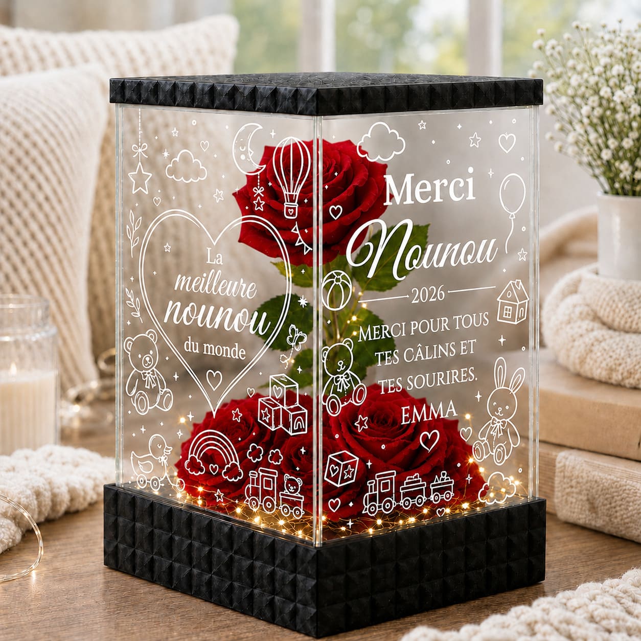 Cadeau Nounou Personnalisé – Rose Rouge Lumineuse Merci Nounou